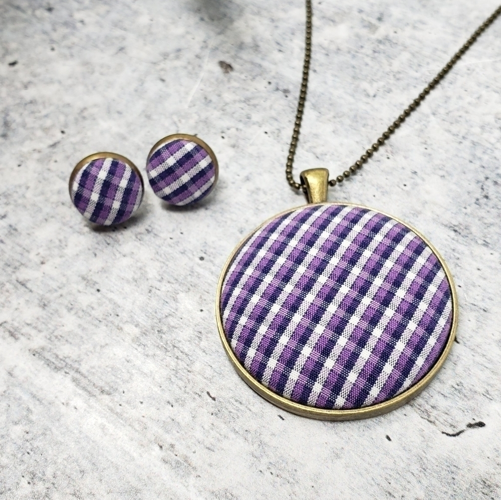 New Handmade | Purple Plaid Fabric Necklace & Earrings